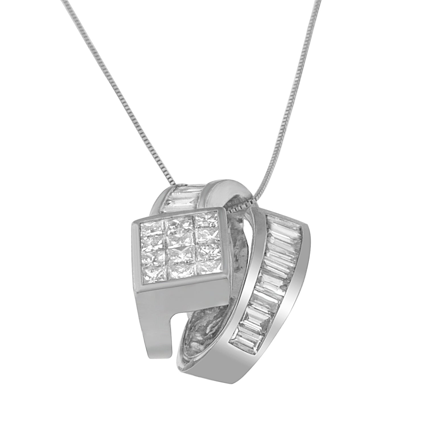 14K White Gold 2 cttw Princess and Baguette Cut Diamond Double Loop Pendant Necklace (G-H, VS1-VS2) Bids.com