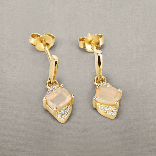 0.57 Carat Genuine Ethiopian Opal and White Diamond 14K Yellow Gold Earrings Bids.com