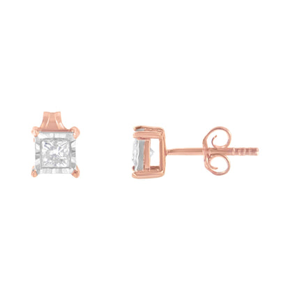 14K Rose Gold Plated Two-Tone .925 Sterling Silver 1/2 Cttw Princess-Cut Square Near Colorless Diamond Solitaire Miracle-Plate Stud Earrings (J-K Color, I2-I3 Clarity) Bids.com
