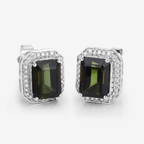 3.57 Carat Genuine Green Tourmaline and White Diamond 14K White Gold Earrings Bids.com