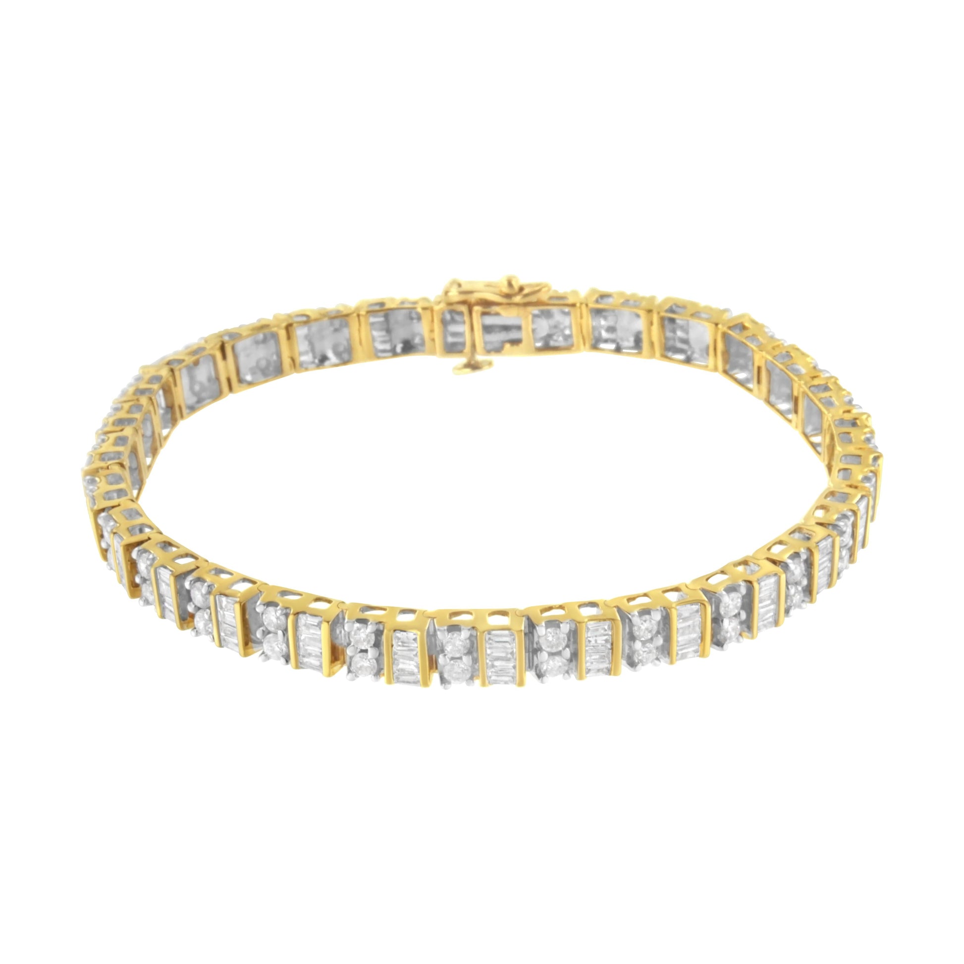 10K Yellow Gold 4.0 Cttw Alternating Baguette & Round Cut Diamond Bezel- & Prong-Set 7" Tennis Bracelet (G-H Color, SI1-SI2 Clarity) Bids.com