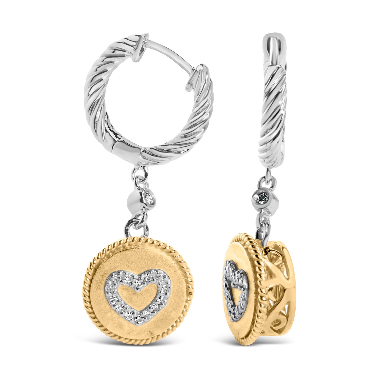 18K Yellow Gold Plated .925 Sterling Silver 1/8 Cttw Diamond Heart Medallion Drop and Dangle Earring (I-J Color, SI1-SI2 Clarity) Bids.com
