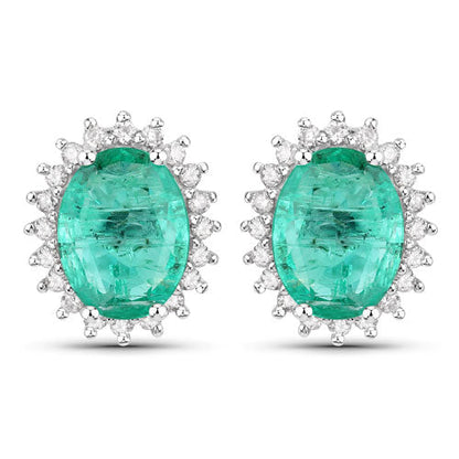 2.66 Carat Genuine Zambian Emerald and White Diamond 14K White Gold Earrings Bids.com