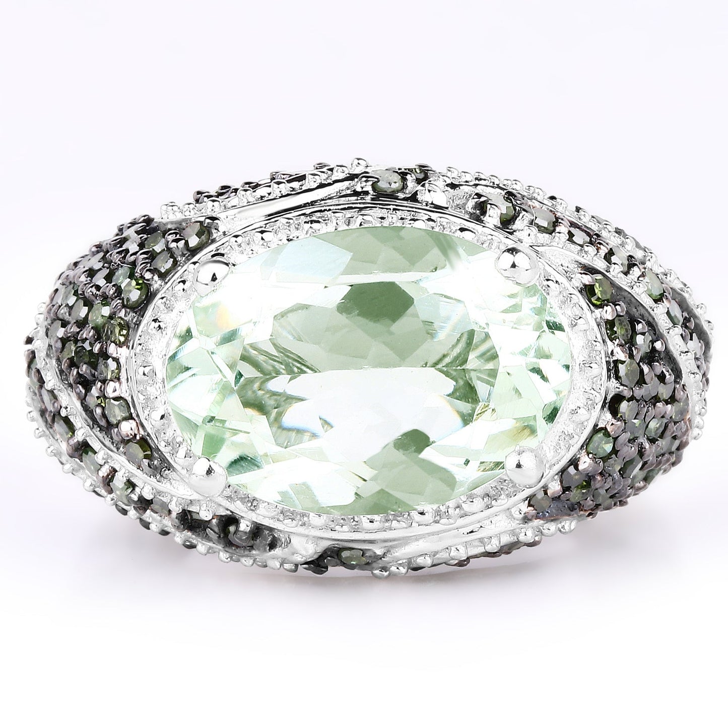 5.98 Carat Genuine Green Amethyst & Green Diamond .925 Sterling Silver Ring Bids.com