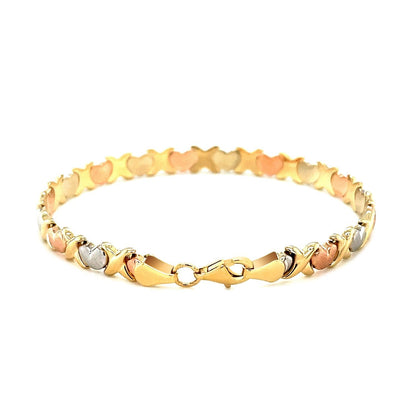 14k Tri-Color Gold Fancy Satin Heart Line Bracelet Bids.com