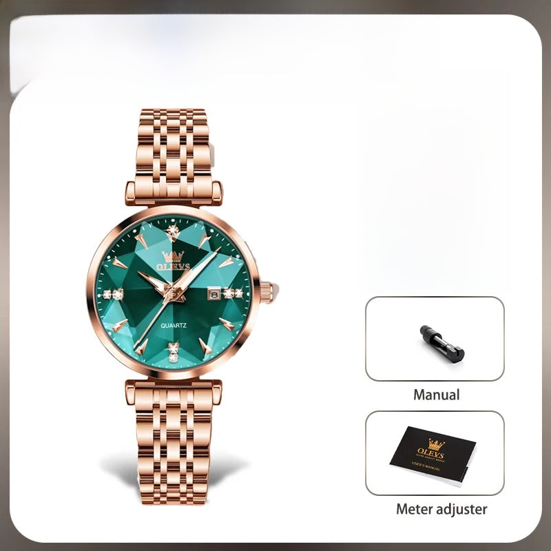 Women's Rose Gold Stainless Steel Watch Blue Dial Zircon BandsCo Straps