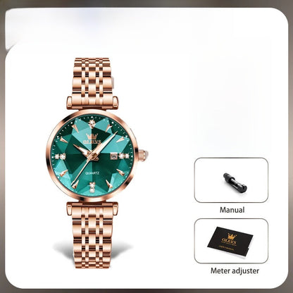 Women's Rose Gold Stainless Steel Watch Blue Dial Zircon BandsCo Straps