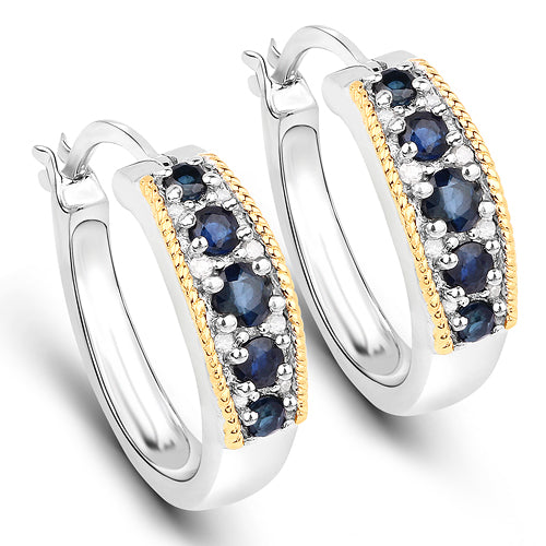 0.70 Carat Genuine Blue Sapphire and White Diamond .925 Sterling Silver with 14K Yellow Gold Earrings Bids.com