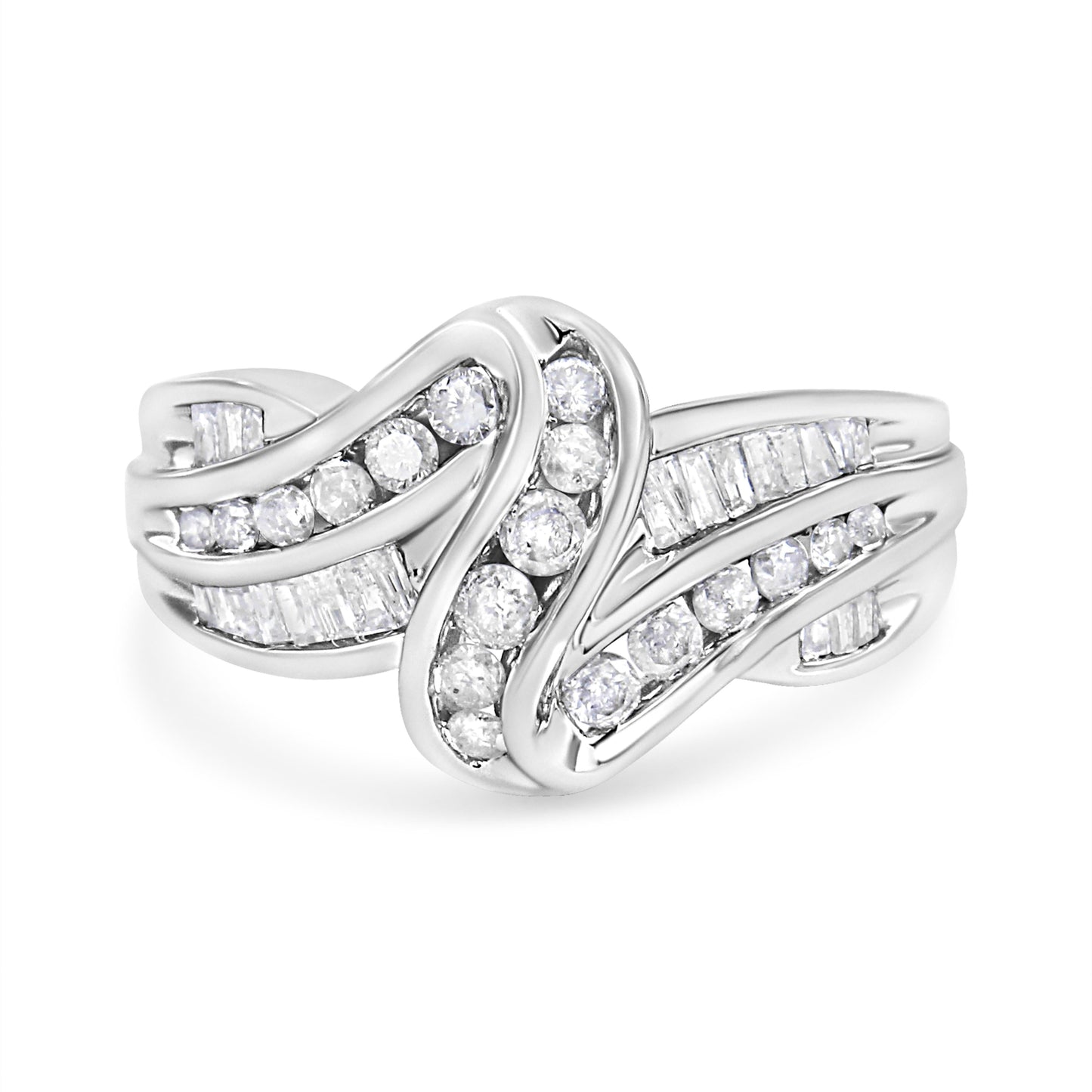 10K White Gold Ring 3/4 Cttw Round and Baguette-Cut Diamond Bypass Ring (H-I Color, I2-I3 Clarity) - Size 6 Bids.com