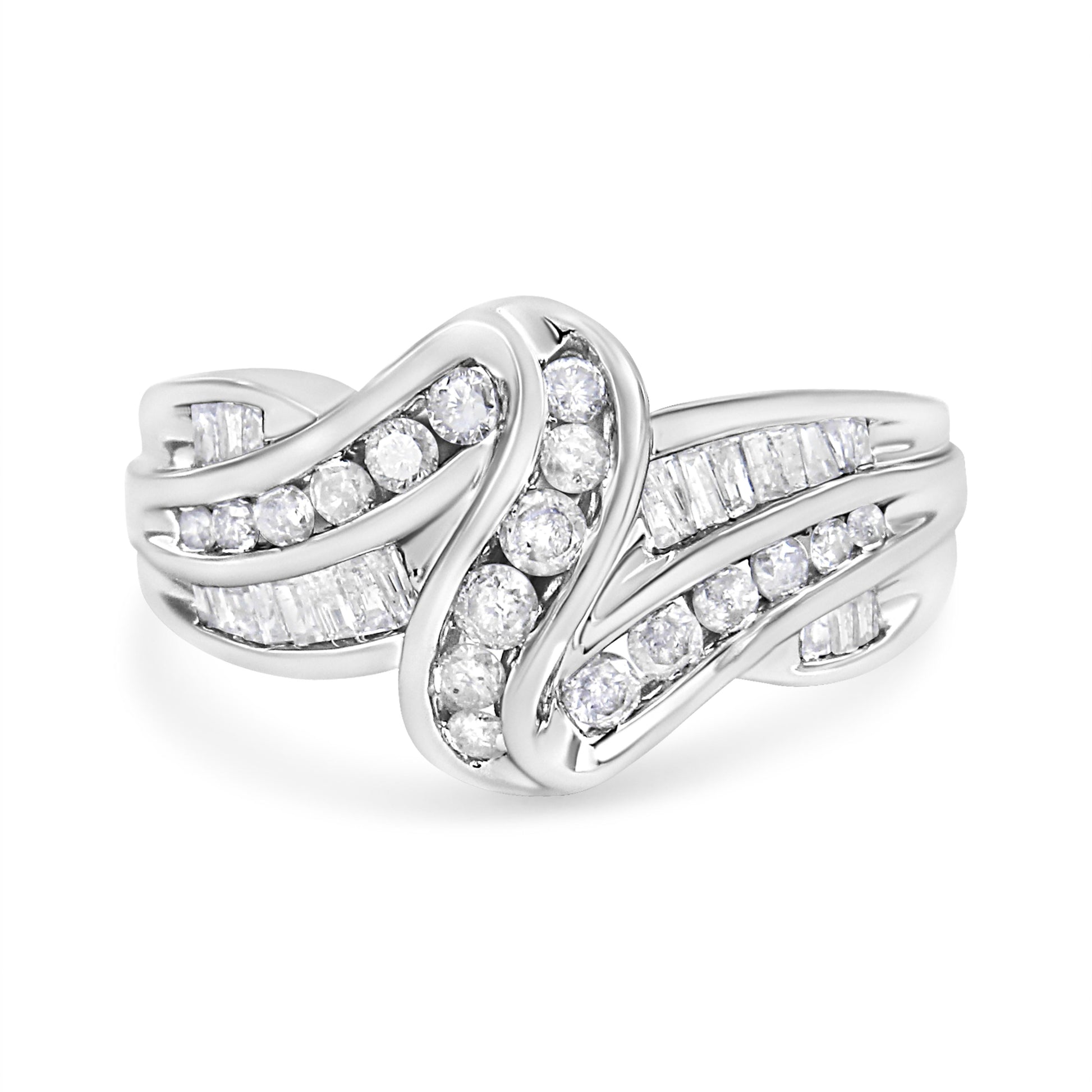 10K White Gold Ring 3/4 Cttw Round and Baguette-Cut Diamond Bypass Ring (H-I Color, I2-I3 Clarity) - Size 6 Bids.com