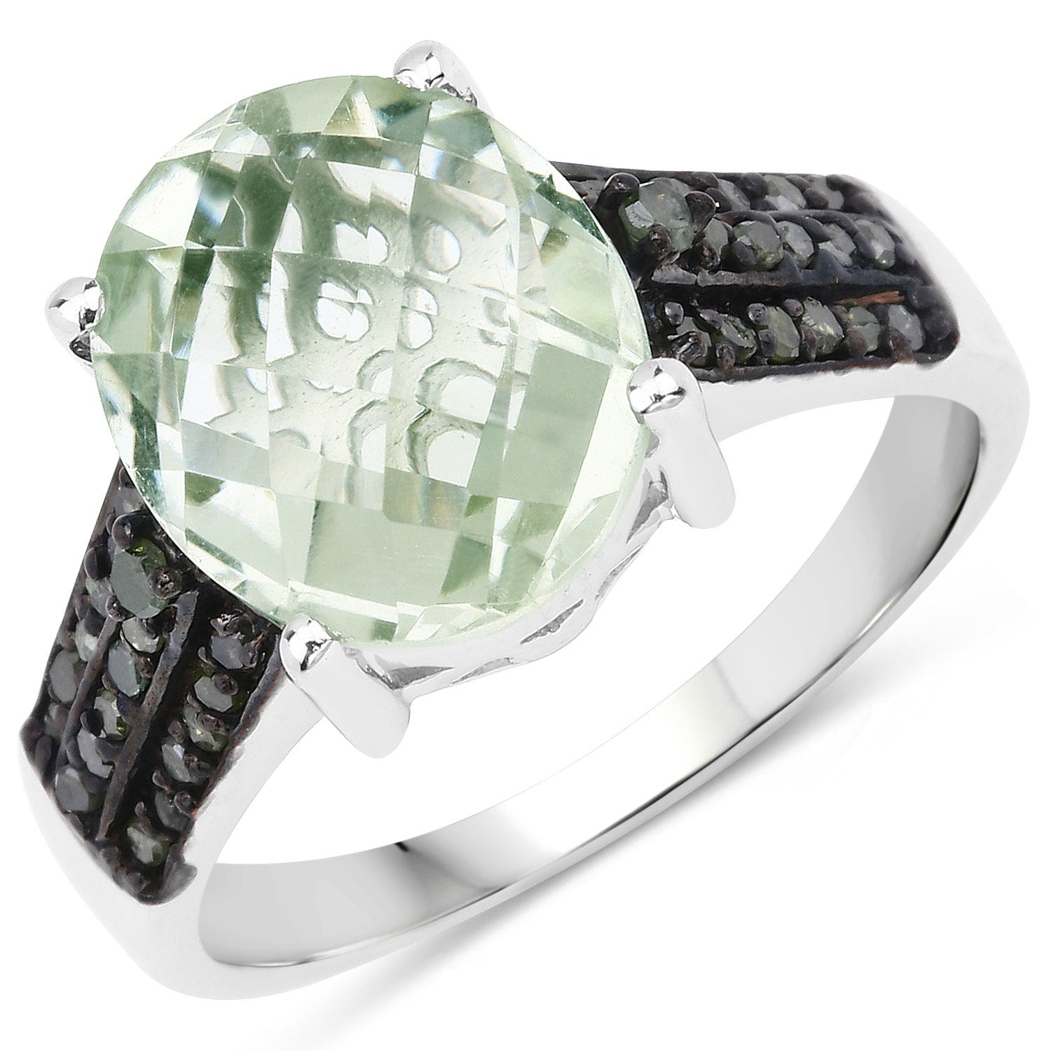 4.26 Carat Genuine Green Amethyst and Green Diamond .925 Sterling Silver Ring Bids.com