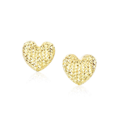 14k Yellow Gold Puffed Heart Earrings with Diamond Cuts Bids.com