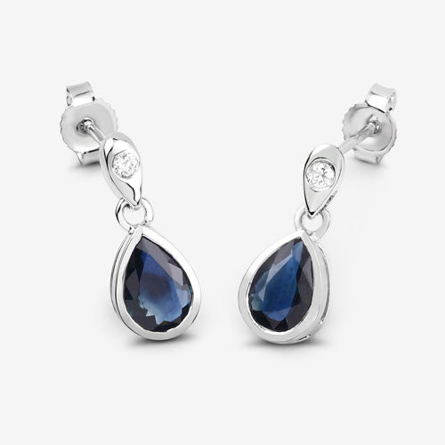 1.65 Carat Genuine Blue Sapphire and White Diamond 10K White Gold Earrings Bids.com