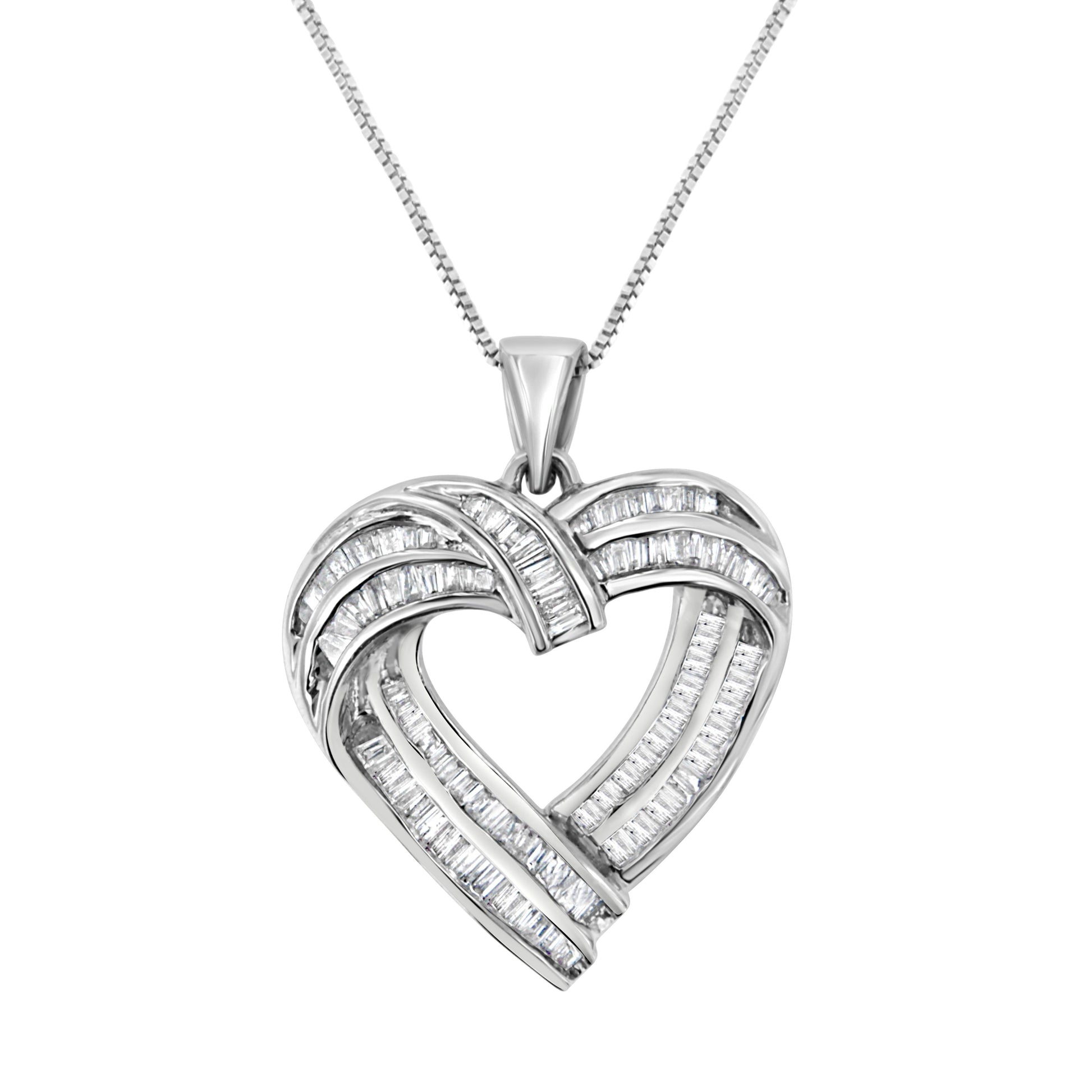 Sterling Silver 7/8 cttw Baguette Diamond Heart Pendant Necklace (I-J, I2-I3) Bids.com