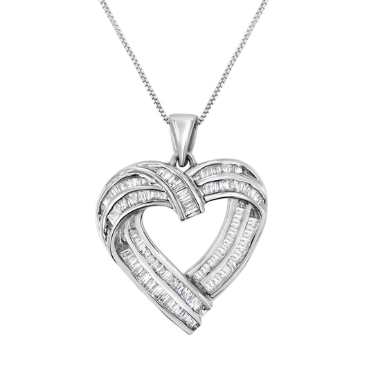 Sterling Silver 7/8 cttw Baguette Diamond Heart Pendant Necklace (I-J, I2-I3) Bids.com