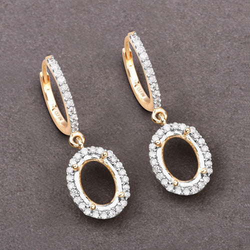 0.32 Carat Genuine White Diamond 14K Yellow Gold Semi Mount Earrings - holds 8x6mm Oval Gemstones Bids.com