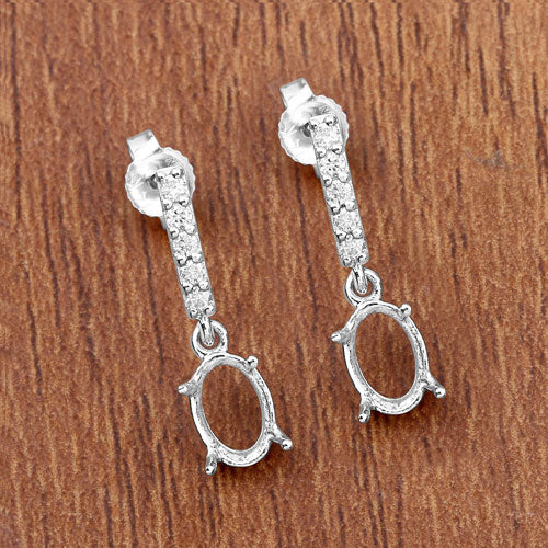 0.14 Carat Genuine White Diamond 14K White Gold Semi Mount Earrings - holds 7x5mm Oval Gemstones Bids.com