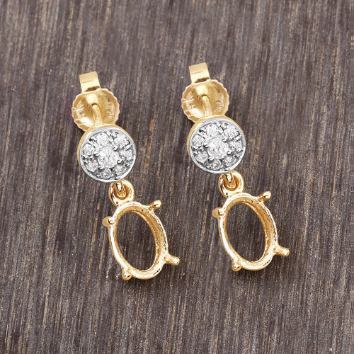 0.11 Carat Genuine White Diamond 14K Yellow Gold Semi Mount Earrings - holds 7x5mm Oval Gemstones Bids.com