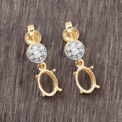 0.11 Carat Genuine White Diamond 14K Yellow Gold Semi Mount Earrings - holds 7x5mm Oval Gemstones Bids.com