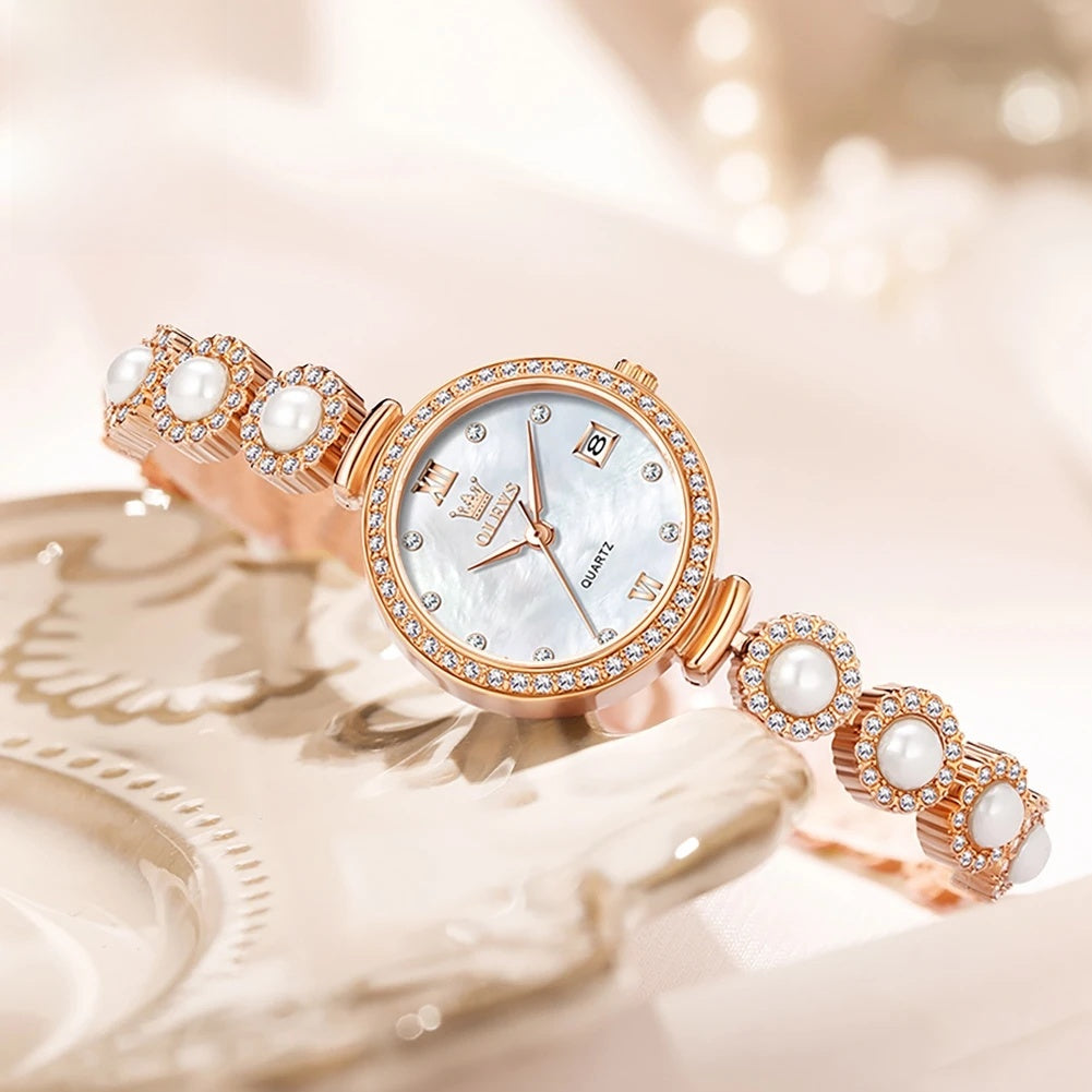 Women's Gold Pearl Bracelet Watch Quartz Date Elegant BandsCo Straps
