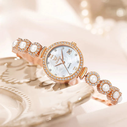 Women's Gold Pearl Bracelet Watch Quartz Date Elegant BandsCo Straps