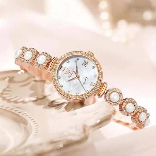Women's Gold Pearl Bracelet Watch Quartz Date Elegant BandsCo Straps