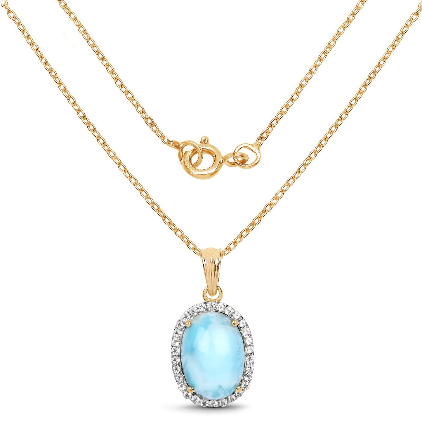 14K Yellow Gold Plated 13.55 Carat Genuine Larimar and White Topaz .925 Sterling Silver Pendant Bids.com