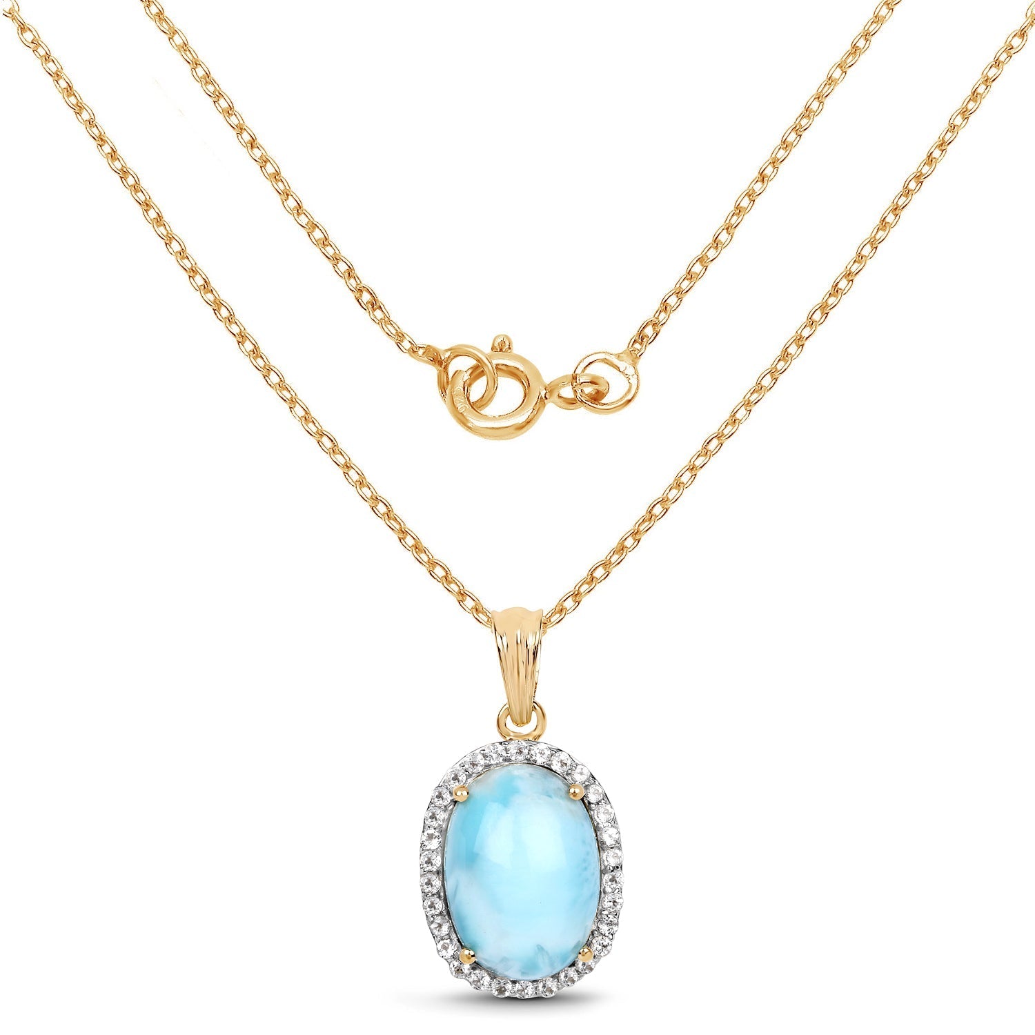 14K Yellow Gold Plated 13.55 Carat Genuine Larimar and White Topaz .925 Sterling Silver Pendant Bids.com