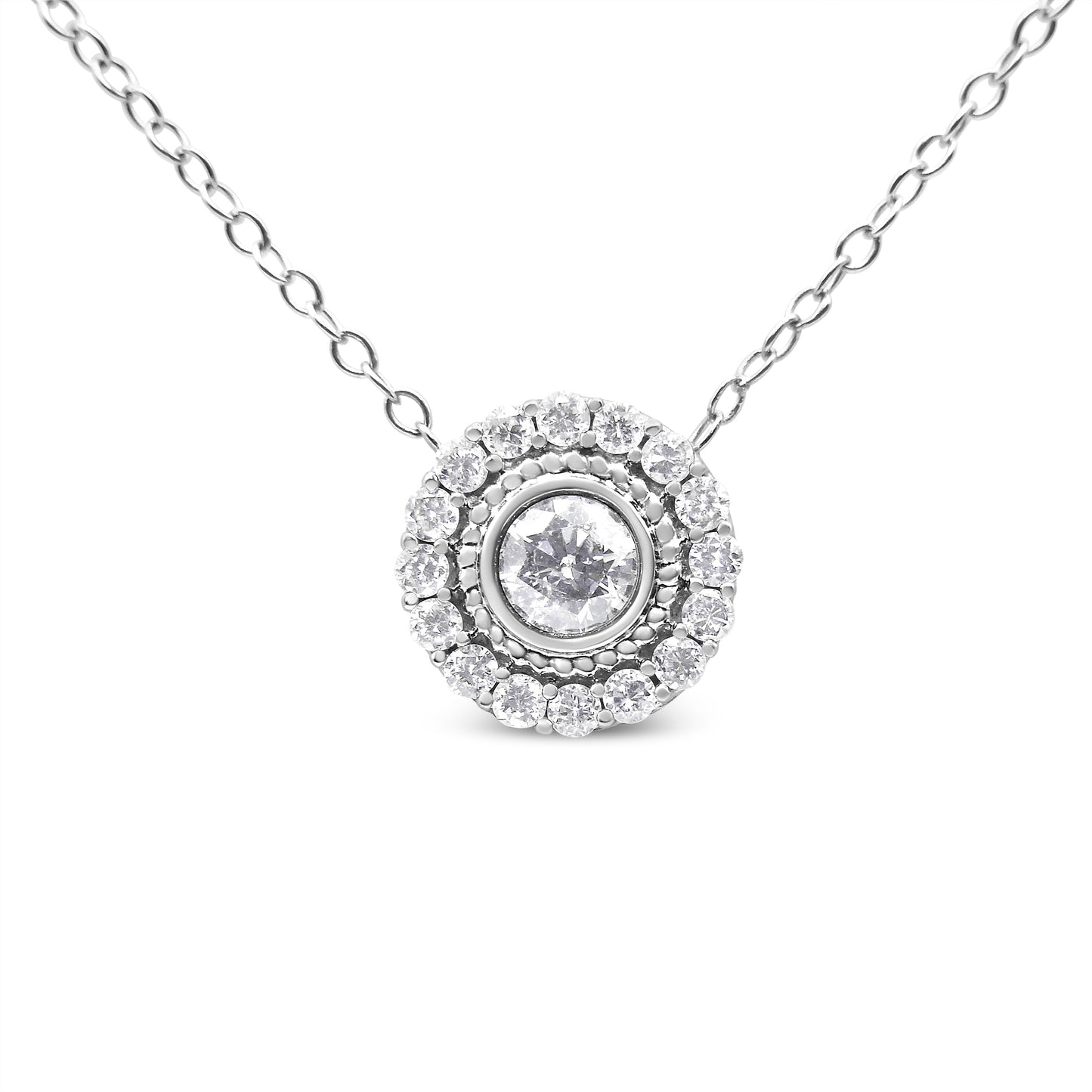 .925 Sterling Silver 1/2 Cttw Round Diamond Halo Circle Pendant 18" Necklace (I-J Color, I2-I3 Clarity) Bids.com