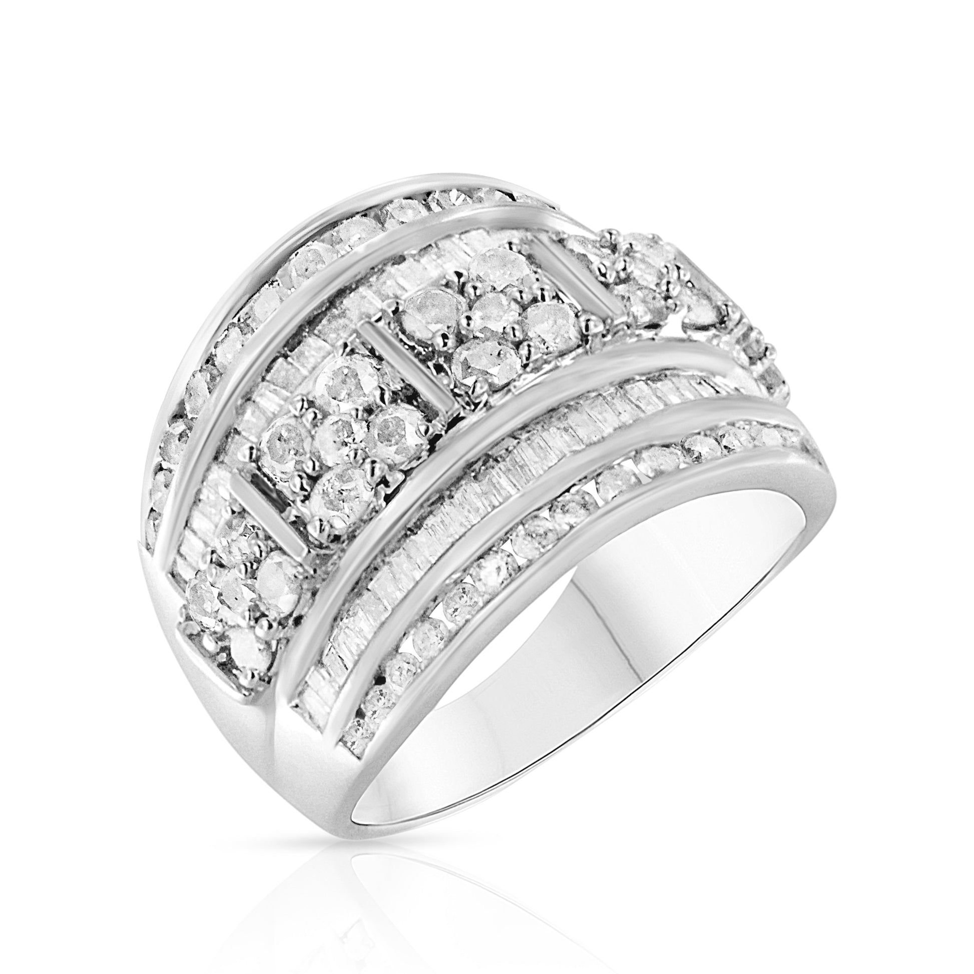 .925 Sterling Silver 2.0 Cttw Round & Baguette Cut Diamond Multi-Row Channel Set Tapered Cocktail Fashion Ring (I-J Color, I3 Clarity) - Size 7 Bids.com