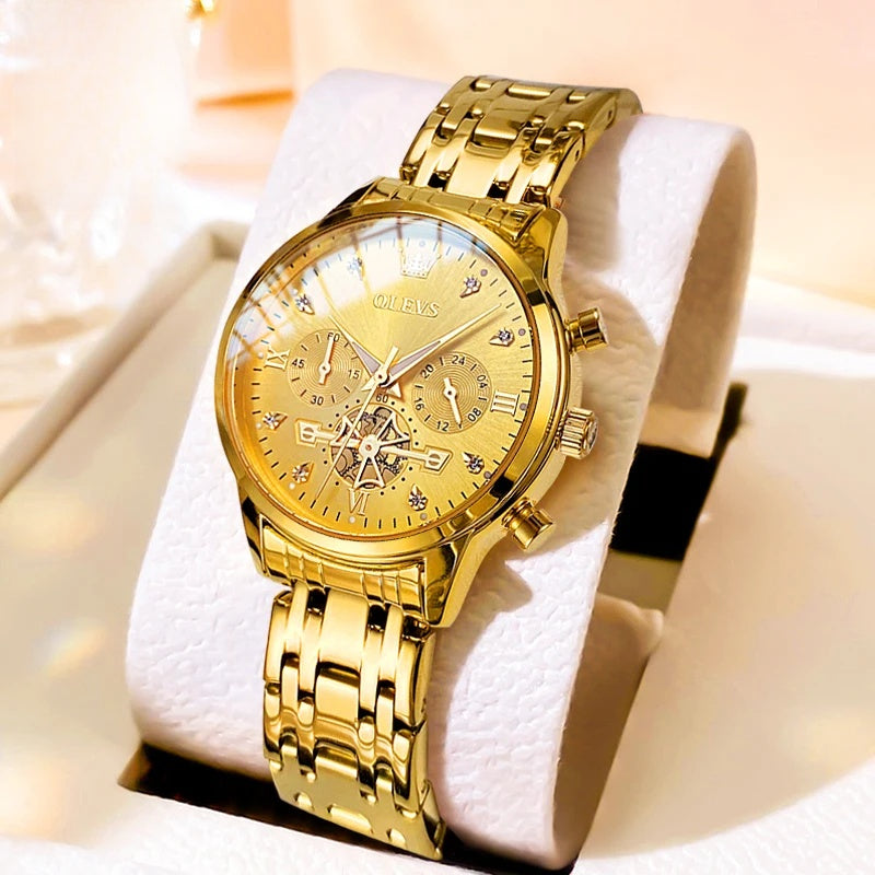 Women's Gold Stainless Steel Multifunction Quartz Watch BandsCo Straps