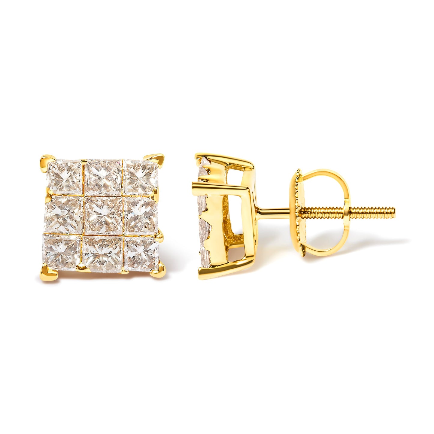 14K Yellow Gold 1 1/2 Cttw Invisible Set Princess-Cut Diamond 9 Stone Square Stud Earrings (J-K Color, SI2-I1 Clarity) Bids.com