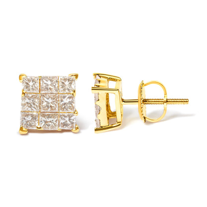 14K Yellow Gold 1 1/2 Cttw Invisible Set Princess-Cut Diamond 9 Stone Square Stud Earrings (J-K Color, SI2-I1 Clarity) Bids.com
