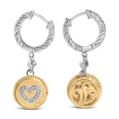 18K Yellow Gold Plated .925 Sterling Silver 1/8 Cttw Diamond Heart Medallion Drop and Dangle Earring (I-J Color, SI1-SI2 Clarity) Bids.com