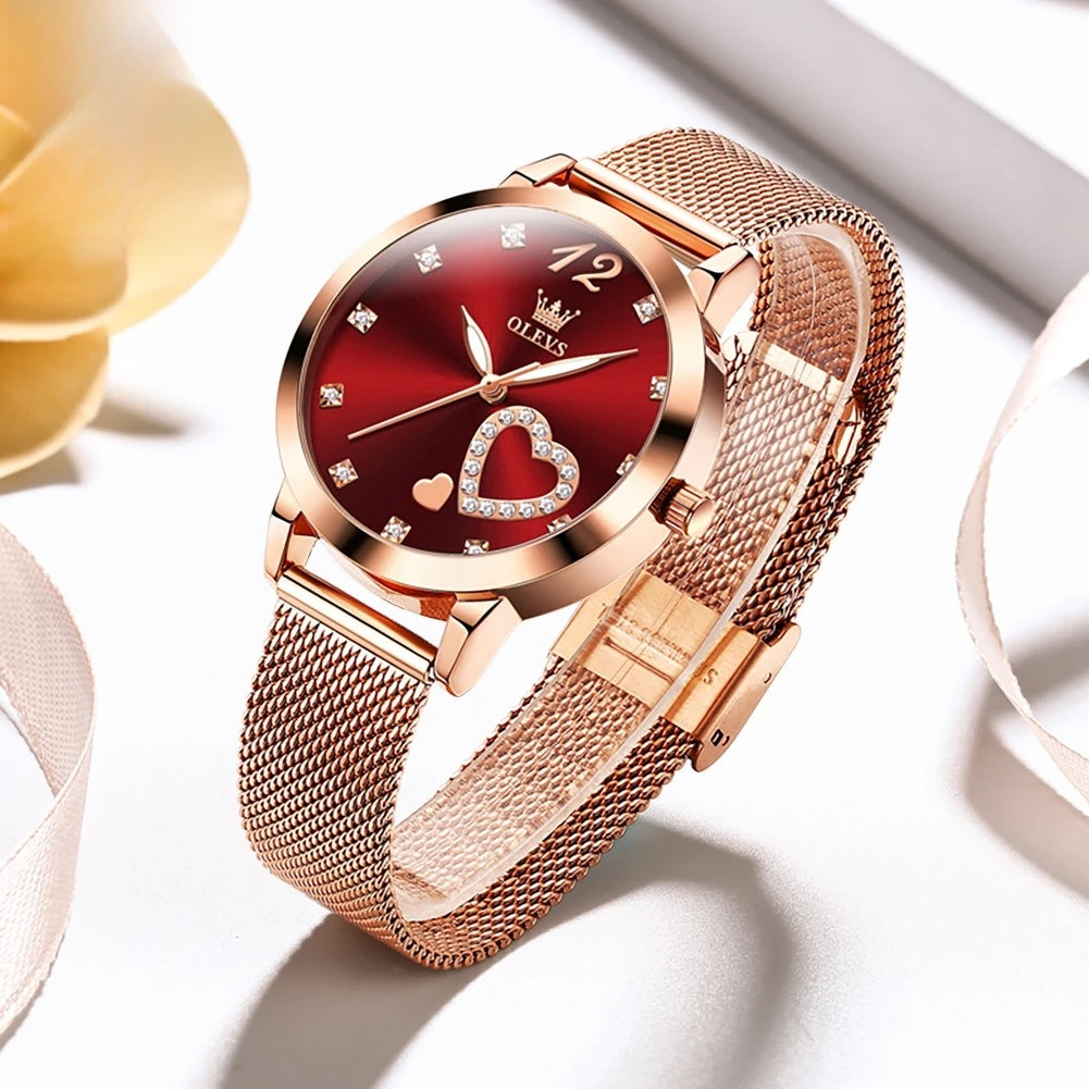 Rose Gold Mesh Women's Watch Heart Crystal Dial Quartz BandsCo Straps