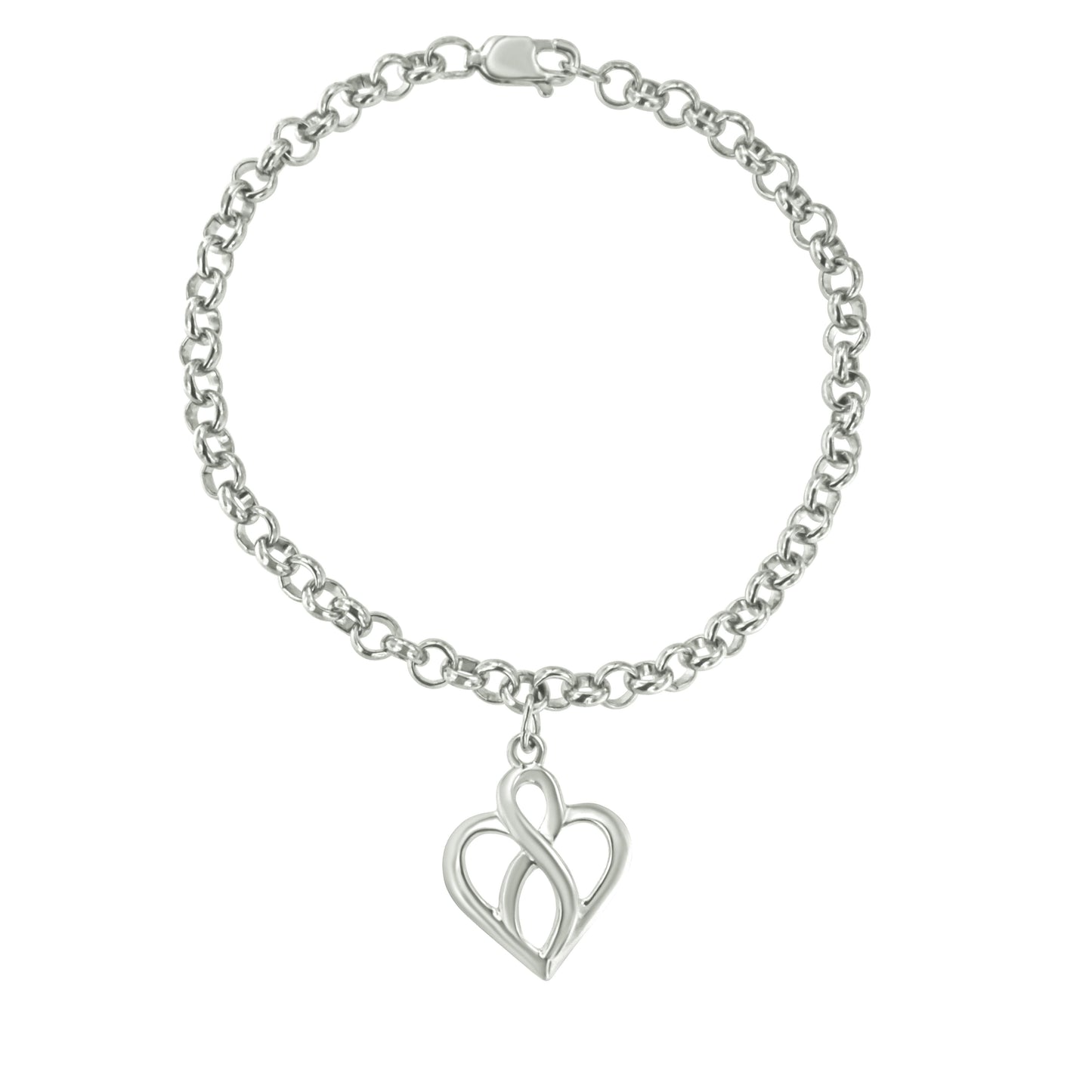 .925 Sterling Silver Open Heart with Center Vertical Infinity Chain Charm Bracelet - Size 7" Bids.com