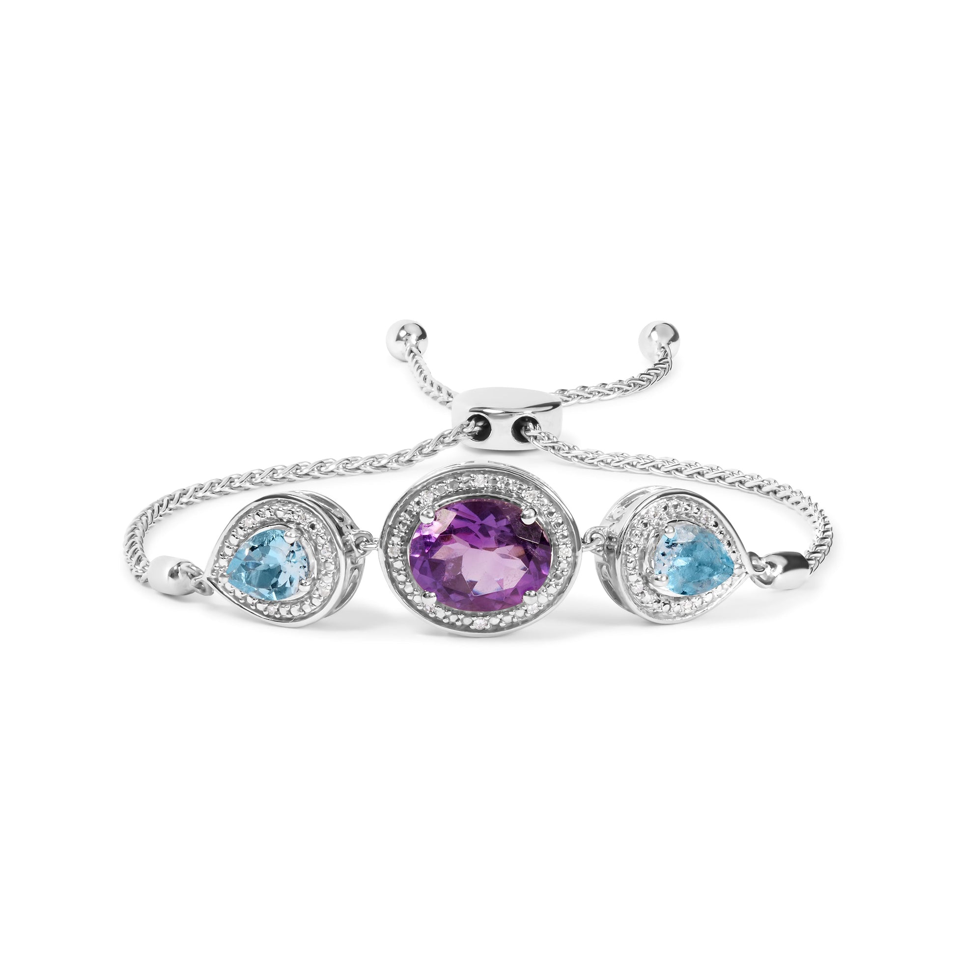 .925 Sterling Silver Oval Amethyst and Pear Blue Topaz with Diamond Accent Lariat 4â€-10â€ Adjustable Bolo Bracelet (H-I Color, SI1-SI2 Clarity) Bids.com