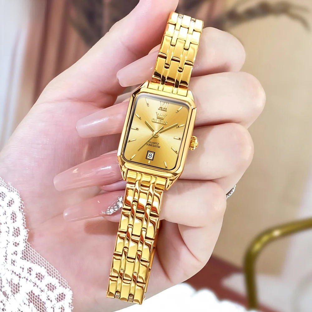 Women's Gold Stainless Steel Rectangular Dress Watch BandsCo Straps