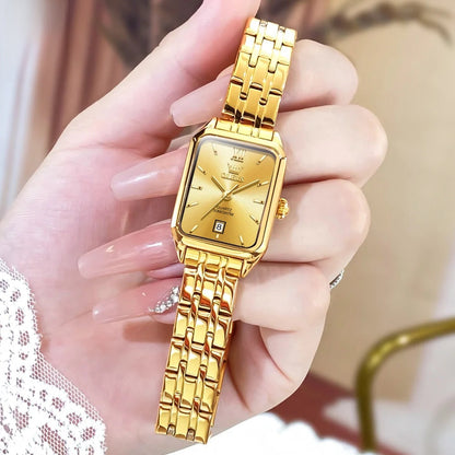 Women's Gold Stainless Steel Rectangular Dress Watch BandsCo Straps