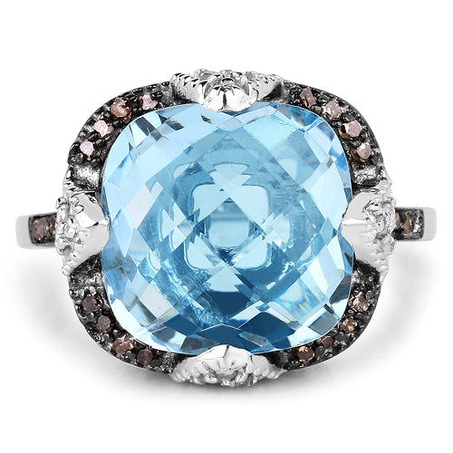 8.29 Carat Genuine Swiss Blue Topaz, Champagne Diamond and White Diamond .925 Sterling Silver Ring Bids.com