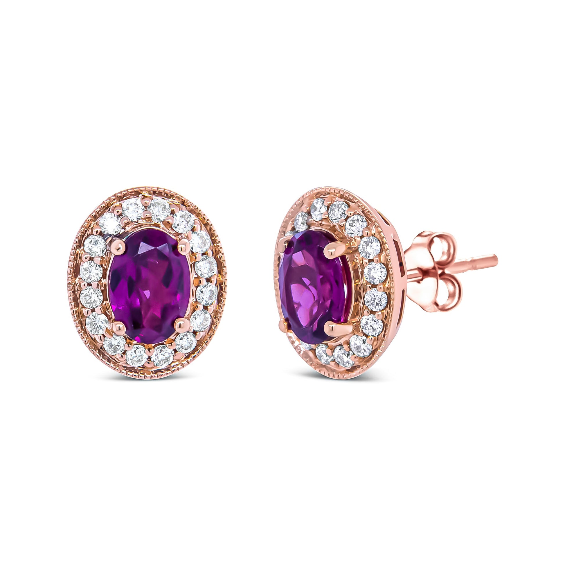 14K Rose Gold 7x5mm Oval Cut Garnet and 3/8 Cttw Round Diamond Halo Stud Earrings (G-H Color, SI1-SI2 Clarity) Bids.com