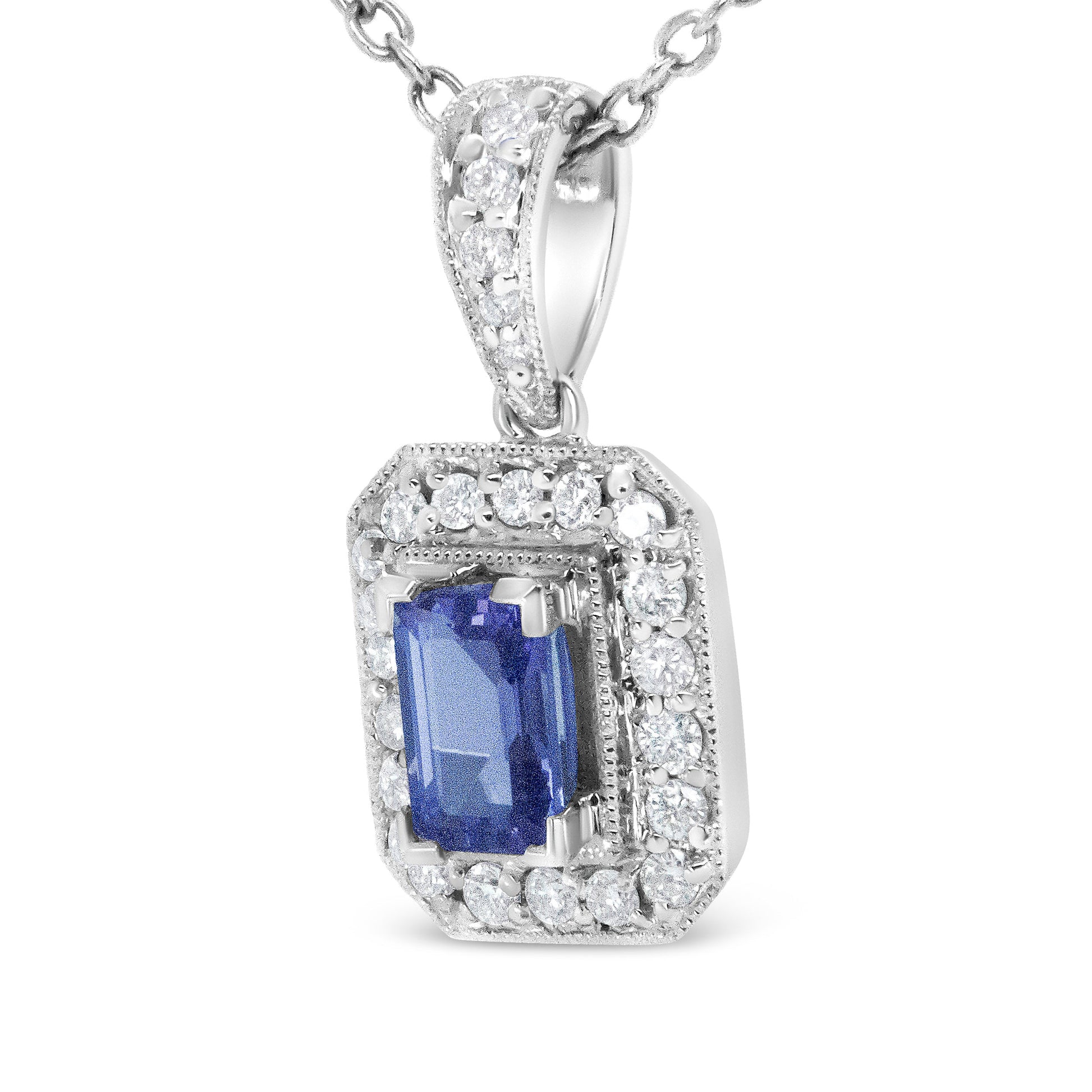 18K White Gold 1/4 Cttw Round Diamond and 6x4mm Purple Tanzanite Halo 18" Pendant Necklace (H-I Color, VS1-VS2 Clarity) Bids.com