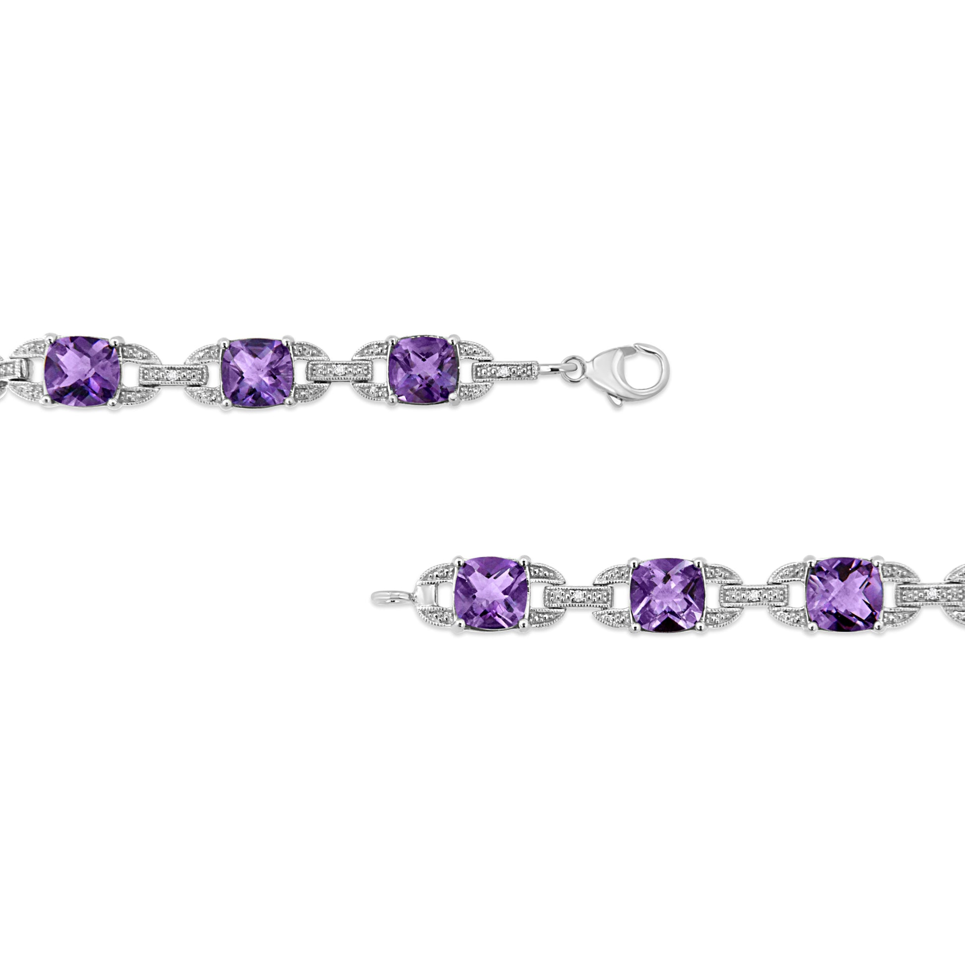 .925 Sterling Silver 7mm Cushion Cut Amethyst Gemstone and Diamond Tennis Link Bracelet (I-J Color, I1-I2 Clarity) - Size 7" Bids.com