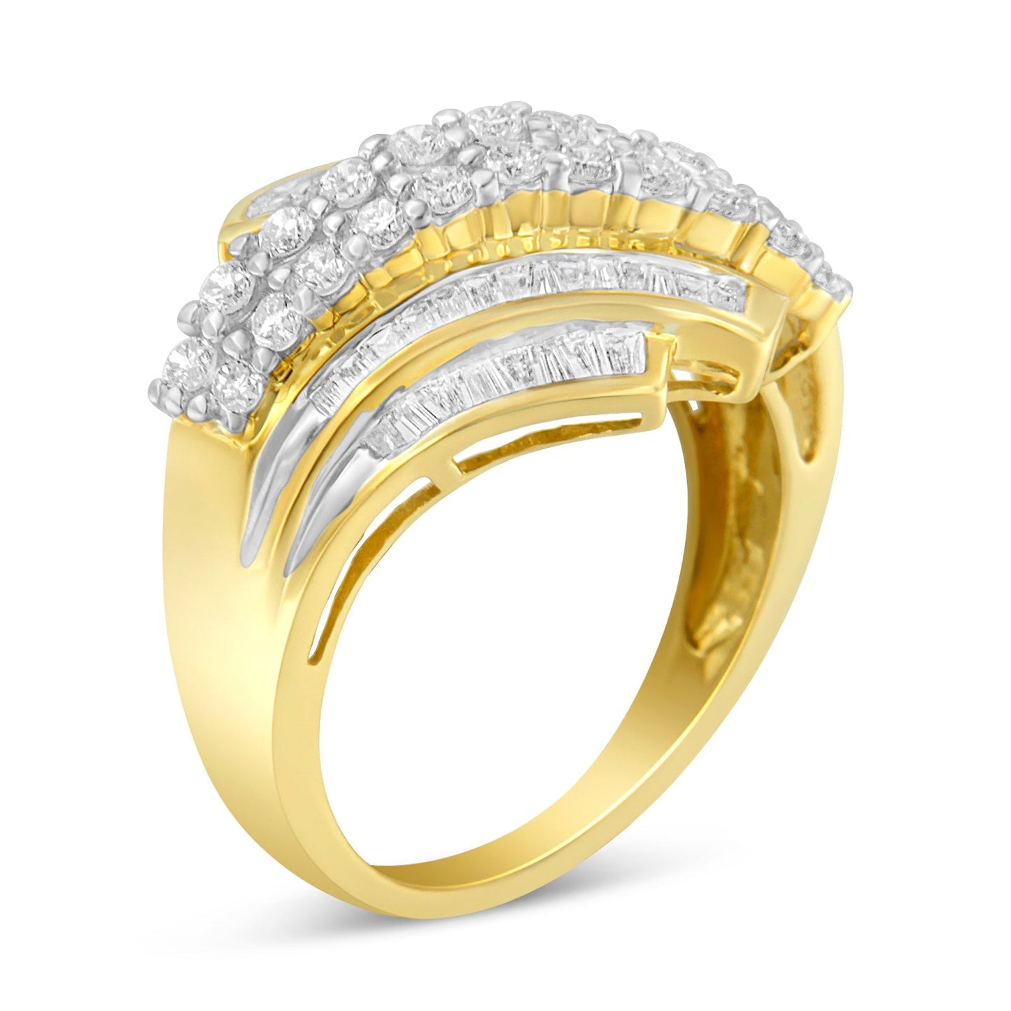10K Yellow Gold 1.0 Cttw Round & Baguette Cut Diamond 64 Stone Bypass Style Channel Set Modern Statement Ring (H-I Color, SI1-SI2 Clarity) - Size 6 Bids.com