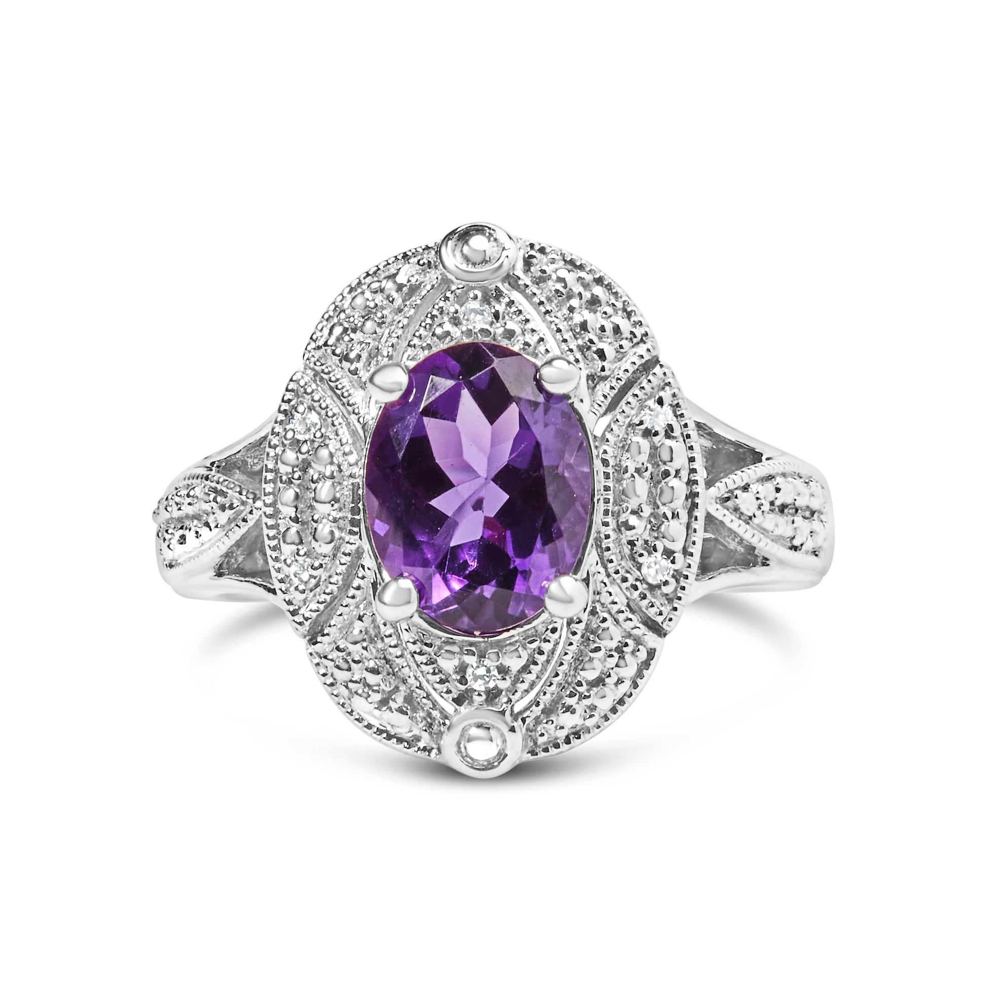 .925 Sterling Silver 9x7mm Oval Purple Amethyst and Diamond Accent Art Deco Style Cocktail Ring (I-J Color, I1-I2 Clarity) - Size 6 Bids.com