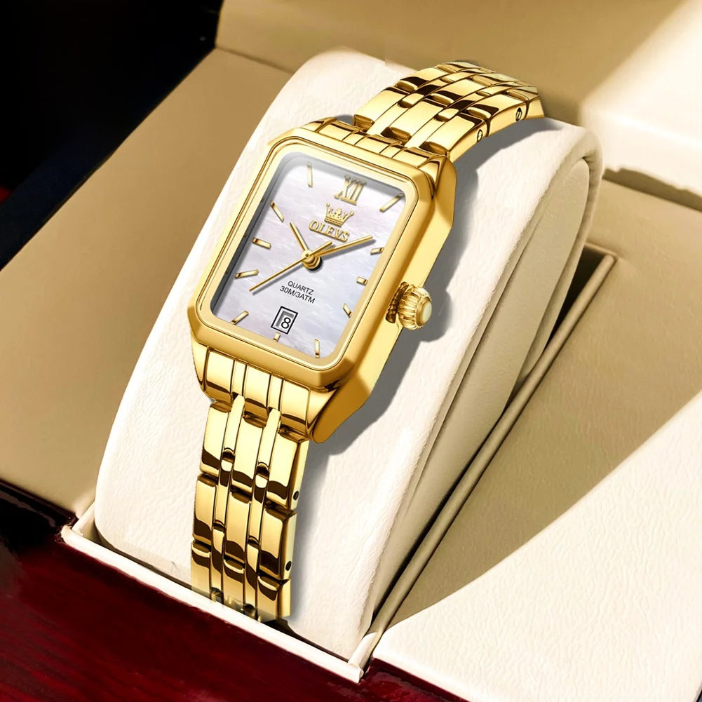 Women's Gold Stainless Steel Rectangular Dress Watch BandsCo Straps