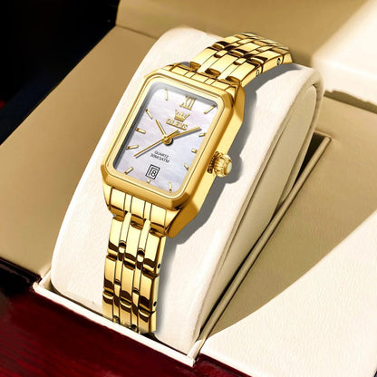 Women's Gold Stainless Steel Rectangular Dress Watch BandsCo Straps