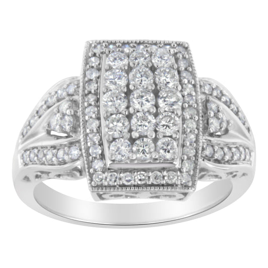 10K White Gold 1.0 Cttw Diamond Rectangular Cushion Shaped Cluster Halo Flared Band Cocktail Fashion Ring (H-I Color, SI2-I1 Clarity) - Size 7 Bids.com