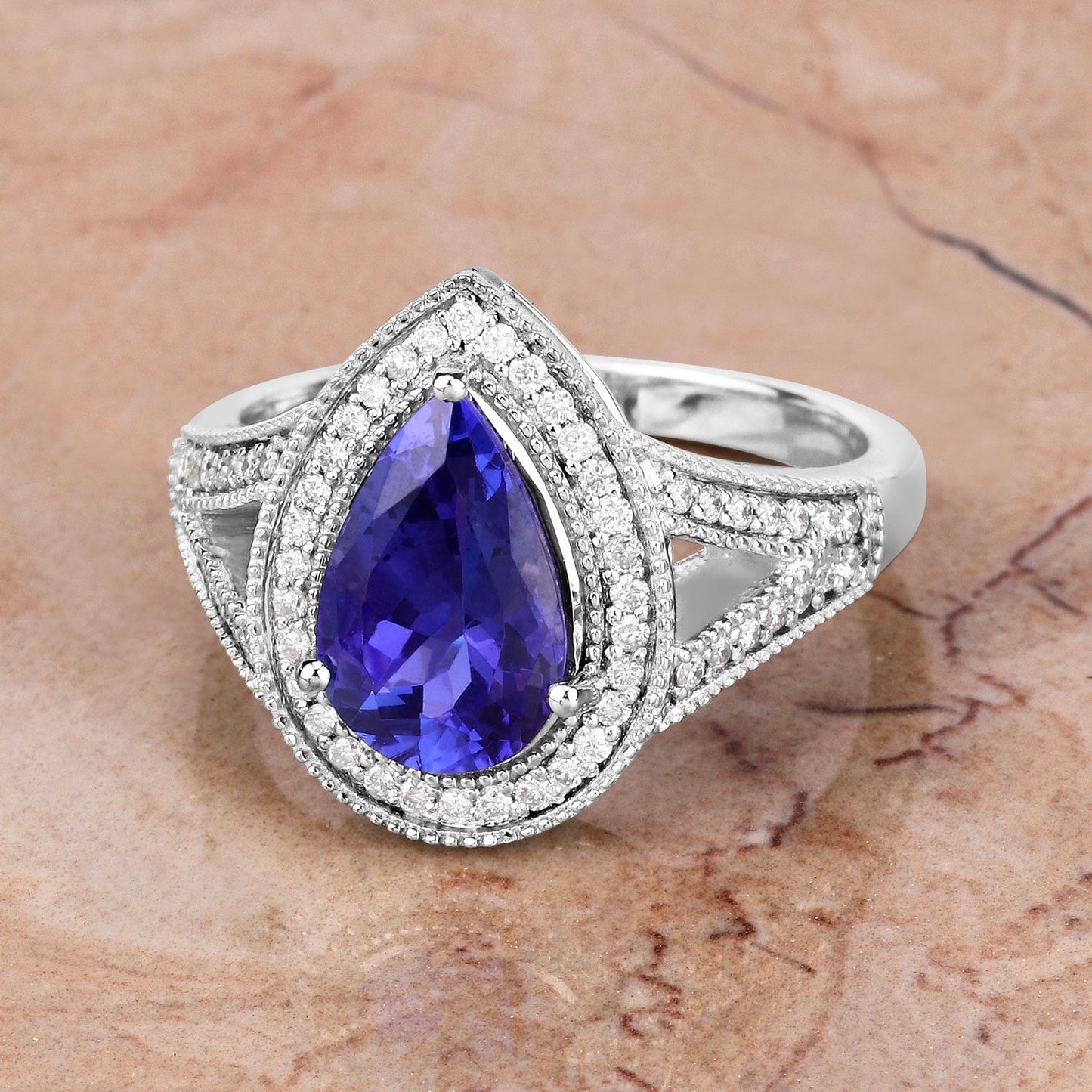 2.60 Carat Genuine Tanzanite and White Diamond 14K White Gold Ring Bids.com