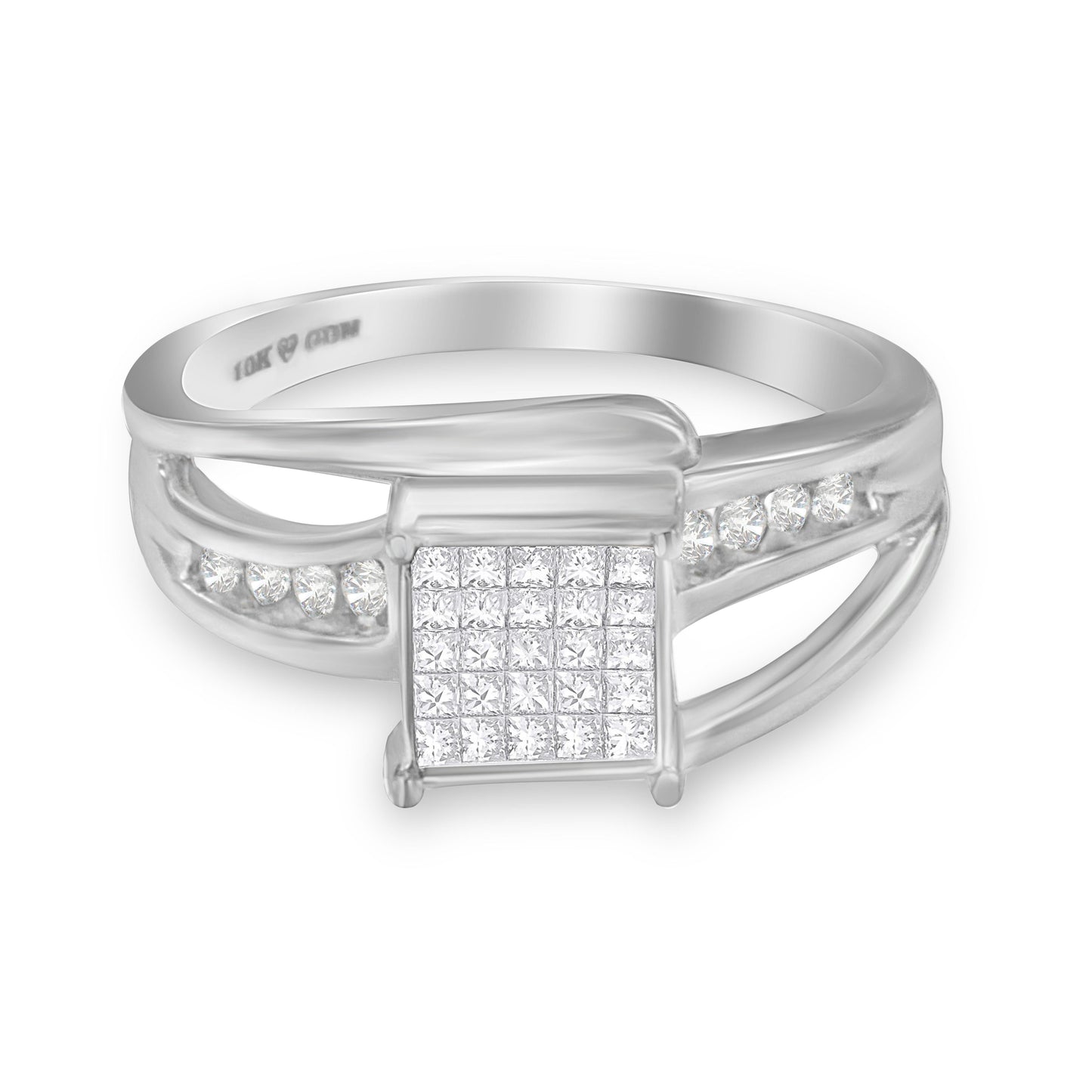 10K White Gold 1/3 Cttw Invisible Set Princess-cut Diamond Cluster Bypass Ring (H-I Color, SI1-SI2 Clarity) - Ring Size 7 Bids.com